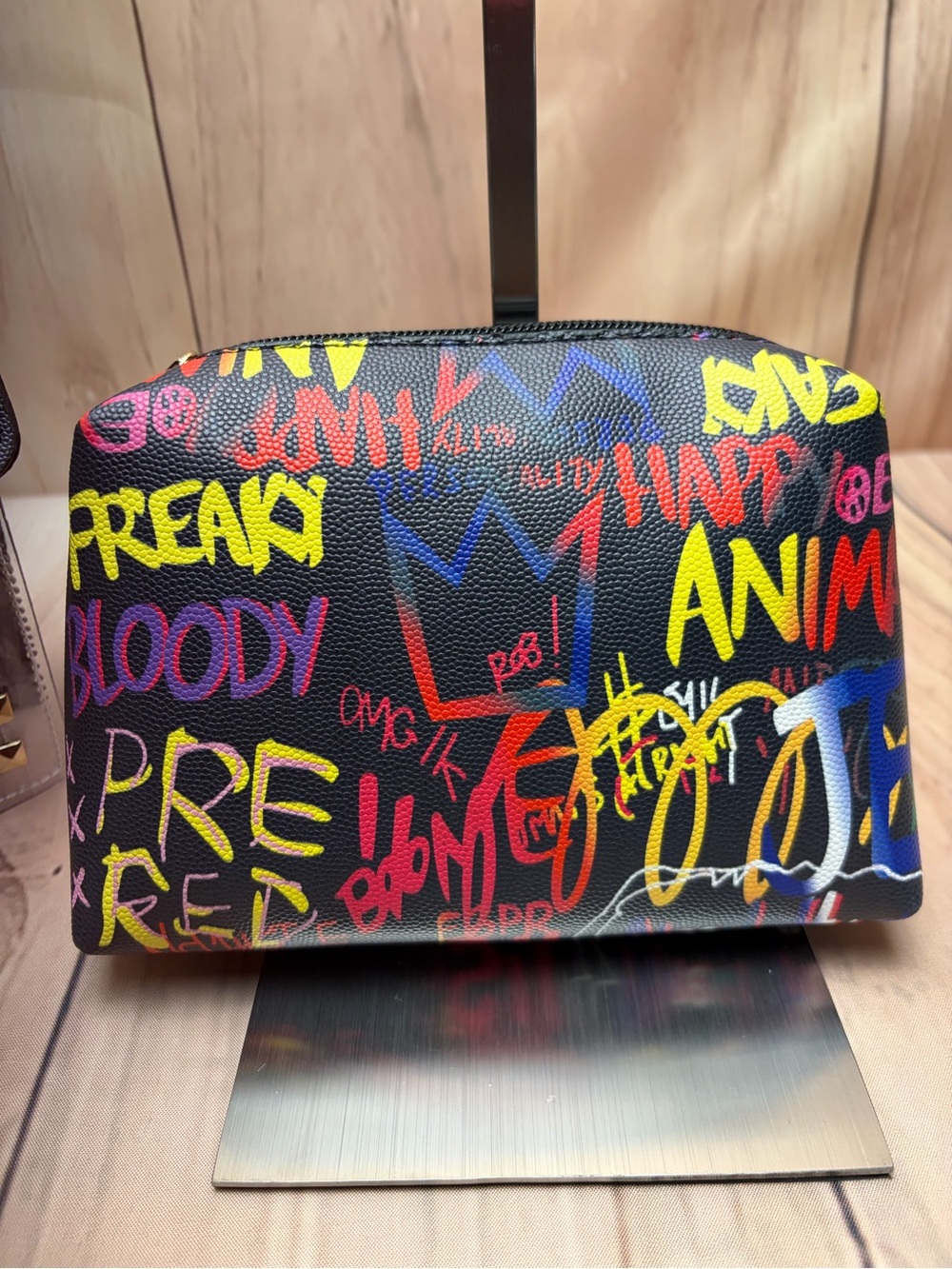 Multicolor Graffiti Studded Satchel with Clear Panel - Picture 5 of 6